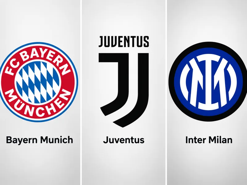 Bayern giữ họa tiết Bavaria truyền thống, trong khi Juventus và Inter cho thấy xu hướng tái thiết kế logo theo hướng tối giản và hiện đại hơn.