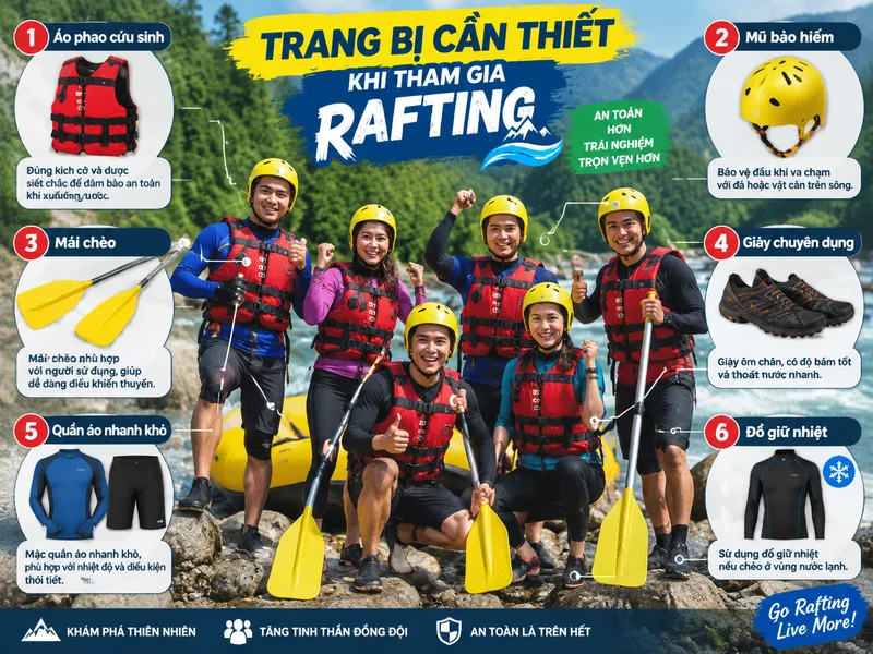 Trang bị bảo hộ giúp người chơi rafting giảm rủi ro khi di chuyển trên dòng nước mạnh.